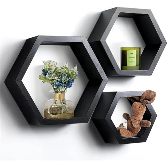 Set of 3 hexagon wall shelves wood floating honeycomb shelf rustic wall decor - Picture 8 of 8